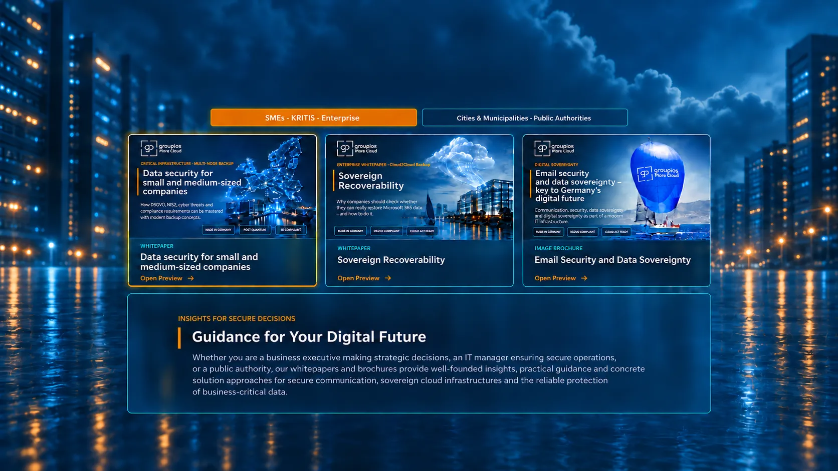 Target audience SMEs · KRITIS · Enterprise selected. Three publications: the whitepaper "Data security for small and medium-sized companies", the whitepaper "Sovereign Recoverability", and the image brochure "Email security and data sovereignty – key to Germany's digital future". Below: Insights for secure decisions – Guidance for Your Digital Future. Whether you are a business executive making strategic decisions, an IT manager ensuring secure operations, or a public authority, our whitepapers and brochures provide well-founded insights, practical guidance and concrete solution approaches for secure communication, sovereign cloud infrastructures and the reliable protection of business-critical data.