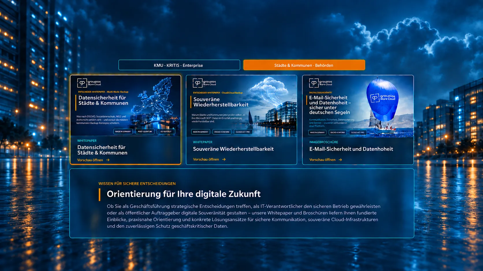 Zielgruppe Städte & Kommunen · Behörden ausgewählt. Drei Publikationen: Whitepaper „Datensicherheit für Städte & Kommunen", Whitepaper „Souveräne Wiederherstellbarkeit" und Imagebroschüre „E-Mail-Sicherheit und Datenhoheit – sicher unter deutschen Segeln". Darunter: Wissen für sichere Entscheidungen – Orientierung für Ihre digitale Zukunft. Ob Sie als Geschäftsführung strategische Entscheidungen treffen, als IT-Verantwortlicher den sicheren Betrieb gewährleisten oder als öffentlicher Auftraggeber digitale Souveränität gestalten – unsere Whitepaper und Broschüren liefern Ihnen fundierte Einblicke, praxisnahe Orientierung und konkrete Lösungsansätze für sichere Kommunikation, souveräne Cloud-Infrastrukturen und den zuverlässigen Schutz geschäftskritischer Daten.