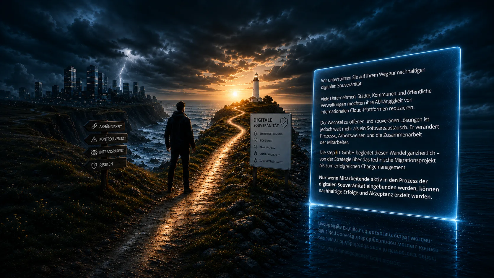 Wir unterstützen Sie auf Ihrem Weg zur nachhaltigen digitalen Souveränität. Viele Unternehmen, Städte, Kommunen und öffentliche Verwaltungen möchten ihre Abhängigkeit von internationalen Cloud-Plattformen reduzieren. Der Wechsel zu offenen und souveränen Lösungen ist jedoch weit mehr als ein Softwareaustausch. Er verändert Prozesse, Arbeitsweisen und die Zusammenarbeit der Mitarbeiter. Die step3IT GmbH begleitet diesen Wandel ganzheitlich – von der Strategie über das technische Migrationsprojekt bis zum erfolgreichen Changemanagement. Nur wenn Mitarbeitende aktiv in den Prozess der digitalen Souveränität eingebunden werden, können nachhaltige Erfolge und Akzeptanz erzielt werden.